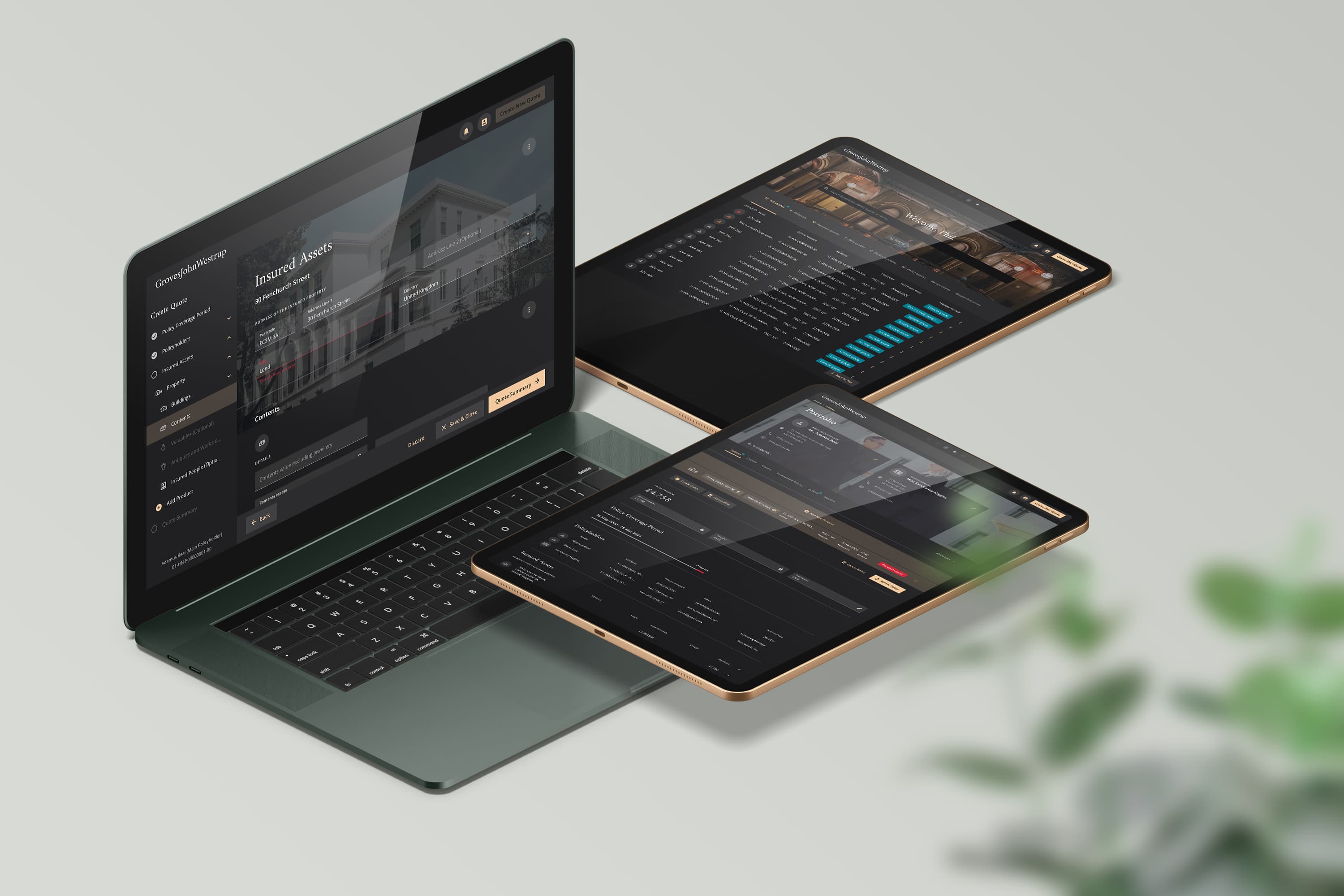 GrovesJohnWestrup High-End-Versicherungsportal, Interface-Design